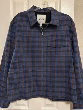 COS Men's Blue and Gray Plaid Zip-Front  Overshirt
